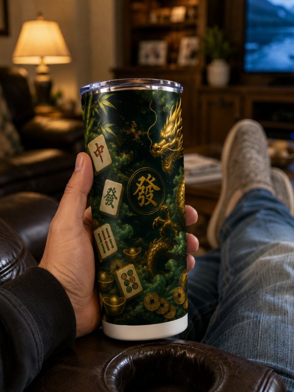 Gold Dragon Mahjong Tumbler 20oz | Mahjong Gift for Her | Jade Green Chinese - Picture 8 of 9